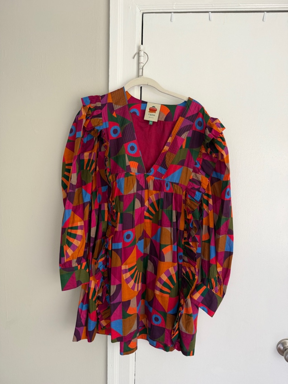 Farm Rio Geometric Print Ruffled V-Neck Dress
